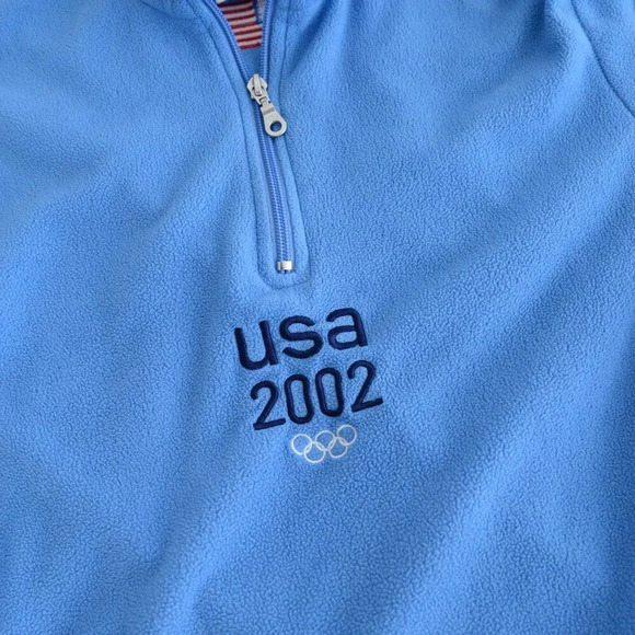Roots Y2K US Olympics Blue Embroidered 2002 Half Zip Fleece Pullover Sweater  M - Picture 9 of 10